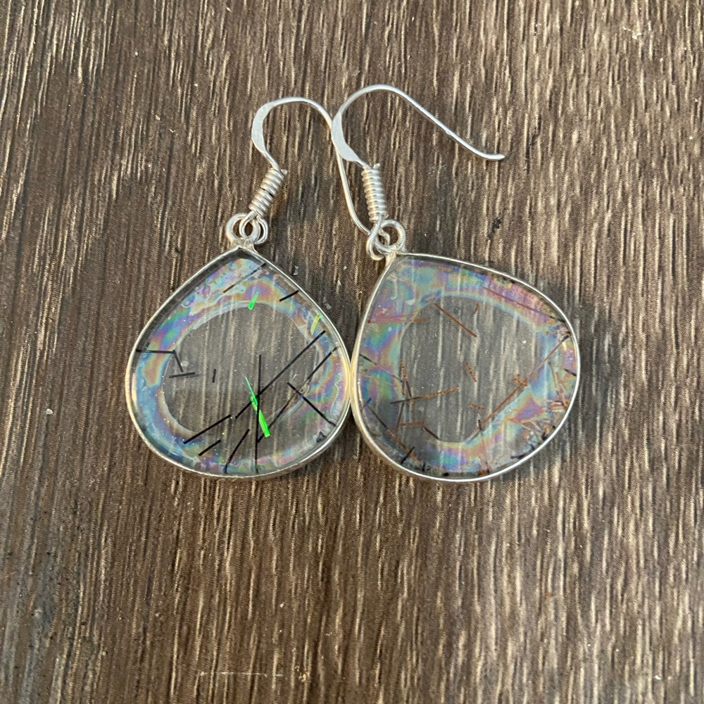 Elegant Gold Rutilated Quartz  Silver Teardrop Earrings